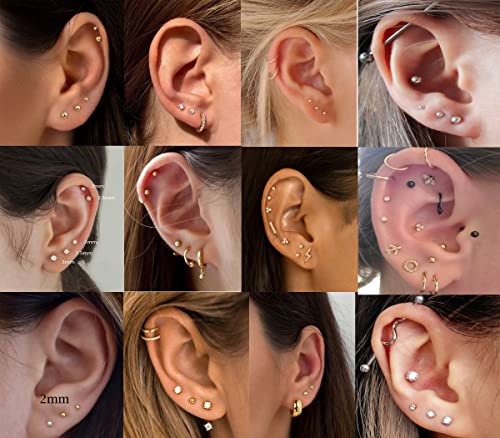 6Pairs 2mm/3mm Surgical Steel Hypoallergenic Piercing Studs, 20G 14K Real Gold Filled Tiny Stud Earrings Set for Multiple Hole Piercing (Cubic Zirconia, Pearl, Ball) - style: B : Ball, Gold, 3MM, 6 Pairs