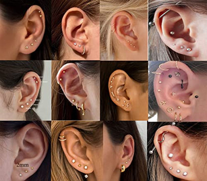 6Pairs 2mm/3mm Surgical Steel Hypoallergenic Piercing Studs, 20G 14K Real Gold Filled Tiny Stud Earrings Set for Multiple Hole Piercing (Cubic Zirconia, Pearl, Ball) - style: E : Cubic Zirconia, Gold, 2MM, 6 Pairs