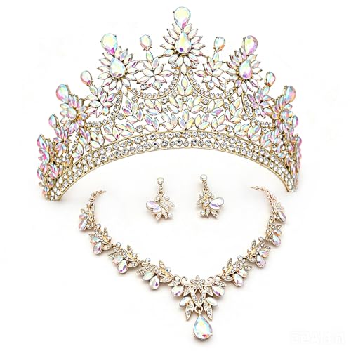 Crowns and Tiaras Jewelry Set for Women.Wedding (Gold Green) | Wedding Crown, Necklace Earrings, Princess Queen Birthday Party, Pageant Bridal, Costume Accessories - color: Gold AB