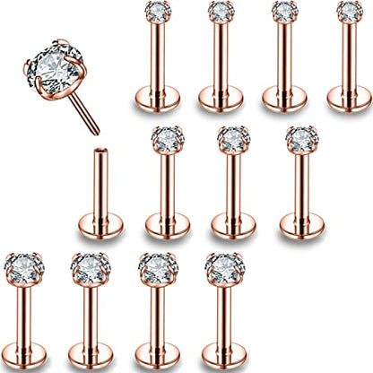 PunkTracker 16g/18g/20g Threadless Lip Rings Tragus Earrings Surgical Steel | Helix Conch Cartilage Earrings Monroe Piercing Jewelry for Women Men Labret Studs - color: 18G, Rose Gold, Claw CZ, 6mm Length