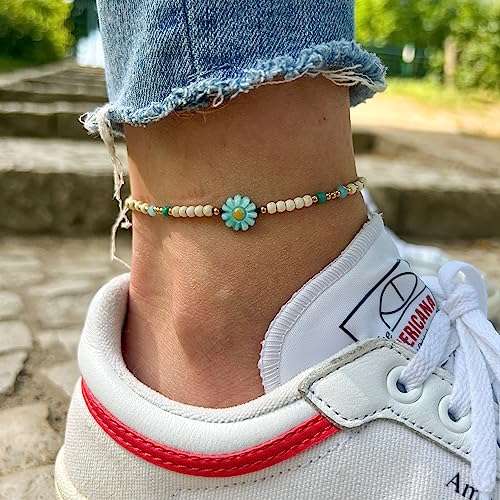 Made by Nami Boho Surfer Anklet Waterproof & Adjustable Beaded Anklets for Women Beachy Ankle Bracelet Made from Waxed Cotton Rope and Beads for Summer and Hippie Style - color: White Flower