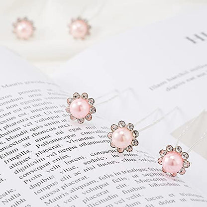 QIUTIMIY 20 Pack (Pink) Pearl Crystal Hair Pins Flower Rhinestone Hair Clips for Bridal Wedding Women Hair Jewelry Accessories, with Clear Container - color: Pearl Flower-Pink