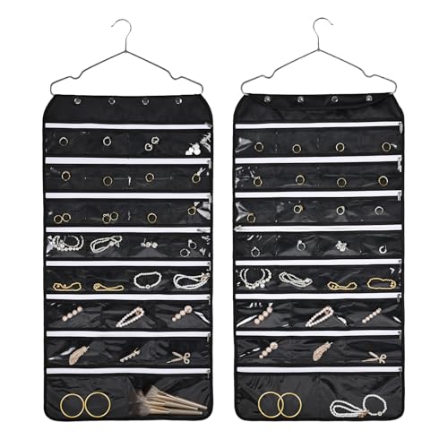 Hanging Jewelry Organizer Storage Roll 56 Zippered Pockets with Detachable Hanger Double-Sided Foldable, Travel Jewelry Holder for Earrings, Rings, Bracelets, Hanging on Closet, Wall, Door, Black - size: 56 Zippered Pockets