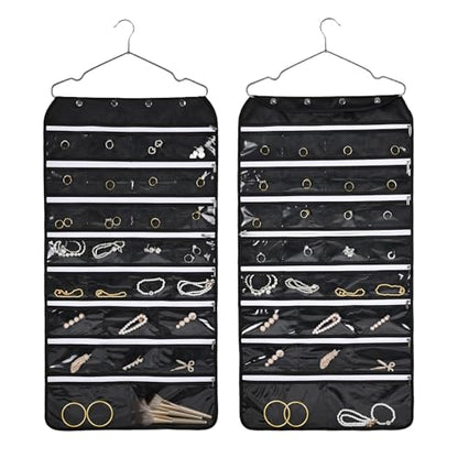 Hanging Jewelry Organizer Storage Roll 56 Zippered Pockets with Detachable Hanger Double-Sided Foldable, Travel Jewelry Holder for Earrings, Rings, Bracelets, Hanging on Closet, Wall, Door, Black - size: 56 Zippered Pockets