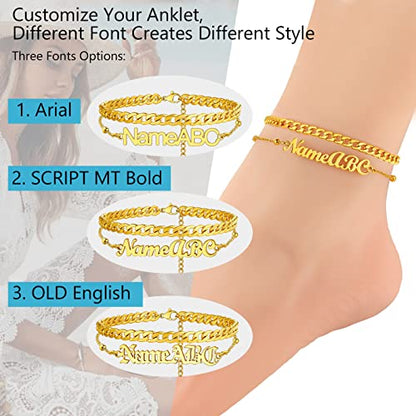 PROSTEEL Trendy Handcuffs Design/Customize Words Ankle Bracelet For Women, 316L Stainless Steel Anklets Silver/Gold/Black Tone, Hypoallergenic, Come with Box - style: 08 Customize-Cuban Link(8.5"-10.5")-Luxury Gold