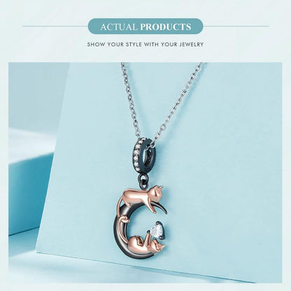 BISAER 925 Sterling Silver Charms for Bracelets Cat Dog Sloth Animal Beads Butterfly Fairy Heart Dangle Pendant Charms - color: Playing Cat