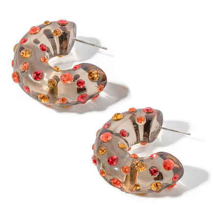 Chunky Acrylic Hoop Earrings for Women Thick Rhinestone Resin Open Hoops Colorful Geometric Earrings Lightweight Hypoallergenic for Sensitive Ears - color: CZ-Red