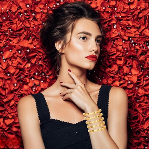 YBMYCM 5PCS Gold Chunky Bangles Bracelets for Women | 14k Gold Plated Stackable Layered Curved Bamboo Tube Stretch Bracelets Bangle Gift Jewelry - color: 5pcs G