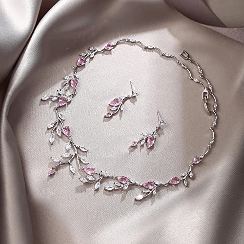 Cubic Zirconia Leaf Vine Wedding Jewelry Set for Bride Women Bridesmaid | Pear-Shaped Birthstone, Necklace Dangle Earrings for Bridesmaid, Silver-Plated-Brass - color: 2pcs_Pink