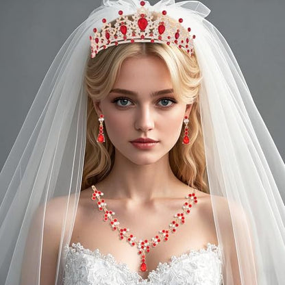 Crystal Crown and Tiara Jewelry Set for Women Bride with Necklace Earrings | Metal Rhinestone Royal Queen Princess Jewelry Set Wedding Quinceanera Pageant Prom Birthday Halloween Party Costume Gift - color: Red