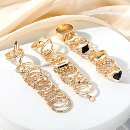 HUASAI Gold Stackable Rings Set for Women Boho Dainty Moon Star Pearl Leaf Cubic Zirconia Heart Midi Pinky Trendy Jewelry Birthday Gifts - color: B13 Gold Rings 27 Pcs