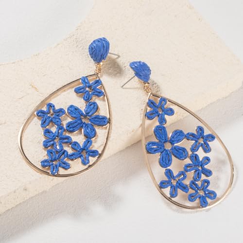 Boho Raffia Flower Teardrop Earrings Cute Colorful Dangle Trendy Jewelry | Floral Drop Statement Big Dangling Earring Hypoallergenic Gold Fun Unique Summer Spring Beach Vacation Outfits for Women - color: Royal Blue