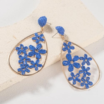 Boho Raffia Flower Teardrop Earrings Cute Colorful Dangle Trendy Jewelry | Floral Drop Statement Big Dangling Earring Hypoallergenic Gold Fun Unique Summer Spring Beach Vacation Outfits for Women - color: Royal Blue