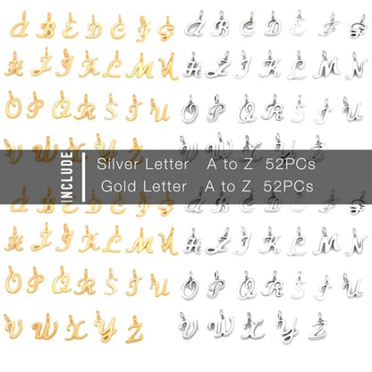 stino 200Pcs A-Z Metal Letter Charms for Jewelry Making, Capital Alphabet Initial Charms - color: 104Pcs Silver & Gold Cursive