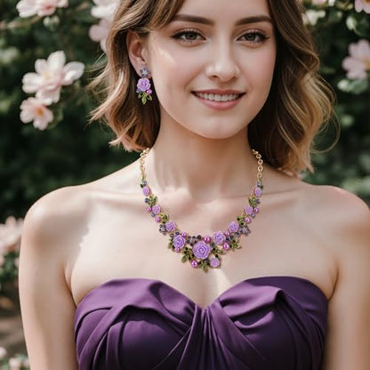 EVER FAITH Costume Jewelry Crystal Simulated Pearl Rose Flower Leaf Prom Party Statement Necklace Earrings Bracelet Set for Women - color: Purple Gold-Tone