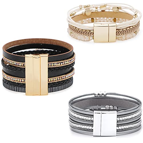 Wowanoo 3Pack Leather Cuff Bracelet Set Multilayer Wrap Bracelet Crystal Feather Tree Bracelet Magnetic Clasp Bracelet for Women - color: Bead Black