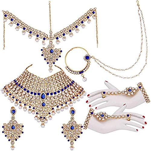 Aheli Bollywood Style Indian Bridal Choker Necklace Matha Patti Nose Ring Haath Phool Wedding Fashion Bharatanatyam jewellery set for Women - color: Blue