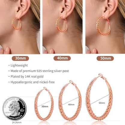 Senteria 925 Sterling Silver Post Twisted Hoop Earrings for Women 30-50MM | Hypoallergenic Large Silver Hoop Earrings for Women,Lightweight Thick Weave Braid Hoops,Nickel Lead-Free for Sensitive Ears - color: 40MM Rose Gold