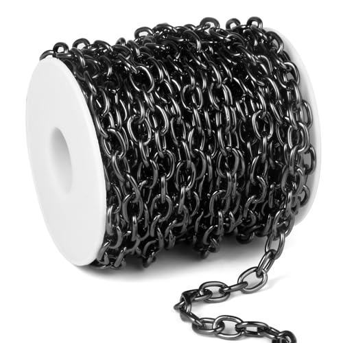 33FT 7.5MM Black Rolo Cable Chain Roll Bulk for Jewelry Making DIY Craft | Light Weight Black Plated Aluminium Cable O Link Chains Spool for Necklace Bracelet - color: Black Color, size: 7.5mm width