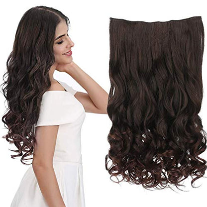 REECHO 16" 1-Pack 3/4 Full Head Curly Wavy Clips in on Synthetic Hair Extensions HE008 Hairpieces for Women 5 Clips 3.9 Oz per Piece - Dark Brown - color: Dark Brown, size: 16 Inch (Pack of 1)