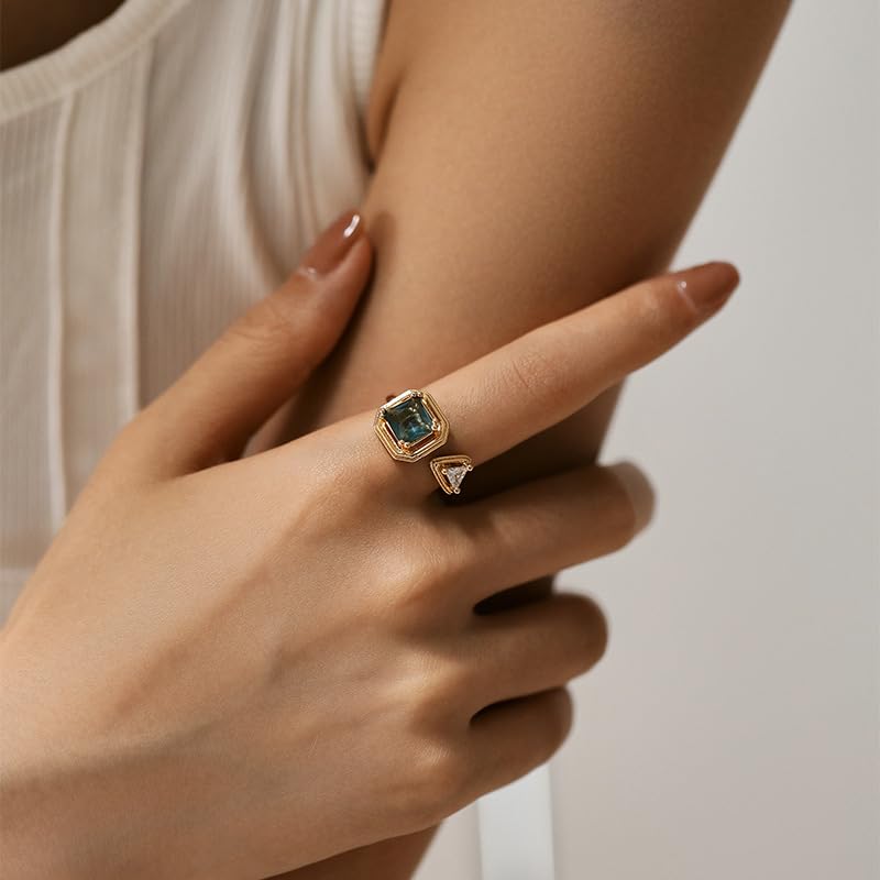 Square Blue Rhinestone Wrap Open Band Statement Ring for Women Stackable Dainty Asymmetric Geometric Triangle Crystal Adjustable Finger Rings Engagement Promise Wedding Cocktail Party Fashion Jewelry