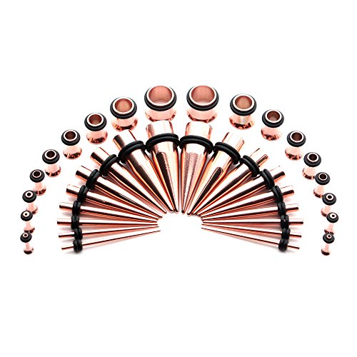 36 Pieces Ear Gauges Stretching Kit Taper Stainless Steel Single Flare Tunnel Plugs Eyelet 14G-00G and 36 pcs O-Ring Extra Set - style: Rose Gold 36 pieces