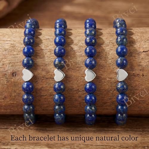 Bivei Crystal Stretch 6mm Bracelets for Women | Handmade Natural Stone Beaded Stretch Bracelet, Stainless Steel Heart Bead, Tranquility Yoga Gift Jewelry for Women - color: Lapis Lazuli - Wisdom