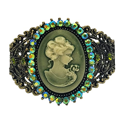 Rosemarie & Jubalee Women's Stunning Vintage Inspired Burnished Gold Statement Victorian Elegance Metal Frame Hinged Cuff Bangle Bracelet, 6.75" - style: Green Cameo