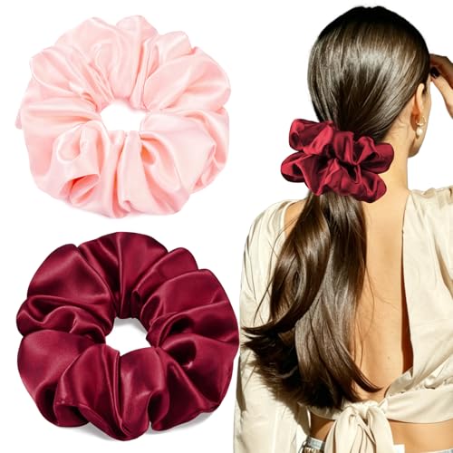 2 PCS Burgundy Pink Jumbo Satin Silky Scrunchies 6.5 Inches Oversized Scrunchie Extra Large Big Hair Ties Ponytail Holder for Thick Curly Hair Women (Burgundy, Pink) - color: Burgundy, Pink