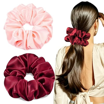 2 PCS Burgundy Pink Jumbo Satin Silky Scrunchies 6.5 Inches Oversized Scrunchie Extra Large Big Hair Ties Ponytail Holder for Thick Curly Hair Women (Burgundy, Pink) - color: Burgundy, Pink