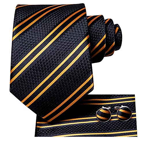 Hi-Tie Men 63inches Tie Set Extra Long Necktie Paisley Tie Pocket Suqare Cufflinks Big and Tall Men Tie - color: Black Gold
