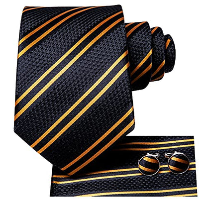 Hi-Tie Men 63inches Tie Set Extra Long Necktie Paisley Tie Pocket Suqare Cufflinks Big and Tall Men Tie - color: Black Gold