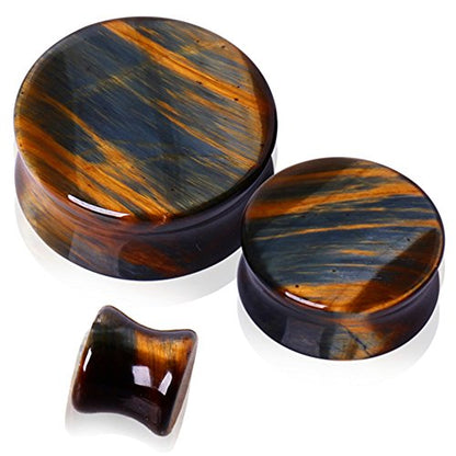 Pair of Natural Blue Tiger Eye Stone Saddle Plug Double Flare Ear Lobe Plugs (1" (25mm)) - style: 1" (25mm)