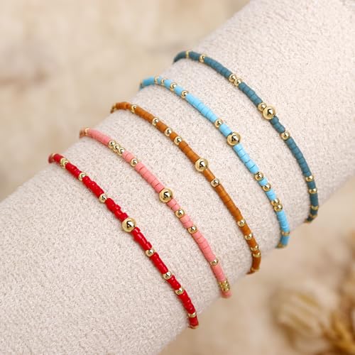 Gold Seed Beaded Bracelets Set for Women, Boho Handmade Friendship Stretch Summer Beach Jewelry Gift. - color: 2001A