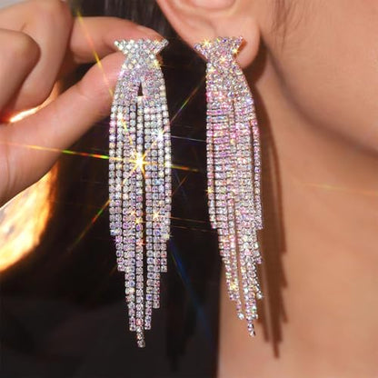 Rhinestone Earrings Prom Earrings for Women Sparkly Long Tassel Chandelier Drop Statement Earring Jewerly Gifts Wedding Party Prom Dresses Accessories - color: B4:silver-AB