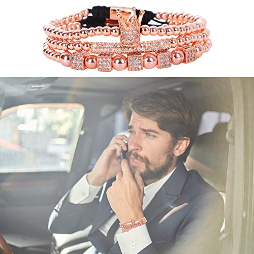 Mens Bracelet Beaded Bracelets Micro Pave Zircon Bracelets for Men Women Bracelets for Men Stainless Steel Cuff Bangle - color: F-rosegold