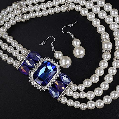 Aimimier 1920s 3-layered White Faux Pearl Necklace and Earrings Set with Crystal and Rhinestone Bridal Long Pearl Necklace Statement Women Jewelry - color: Royal blue
