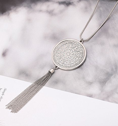 MOLOCH Long Necklaces For Woman Disk Circle Pendant Necklaces Tassel Fringe Necklace Set Statement Pendant - color: A:silver