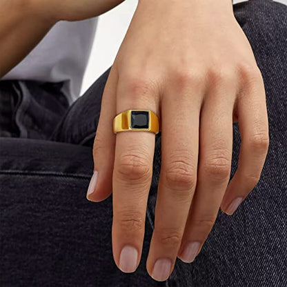 Bestyle Stainless Steel Men Signet Ring-Black/Blue Gemstone Band Ring-Classic Simple Thick Men Ring Size 7-14 - color: 01. 8MM Black Zircon - Gold
