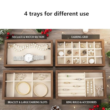 Wooden Jewelry Organizer Trays for Drawer, Stackable Jewelry Drawer Organizer Inserts, Set of 4 Jewelry Storage Flat Stacking Display Case Box for Rings Stud Necklaces(Beige)