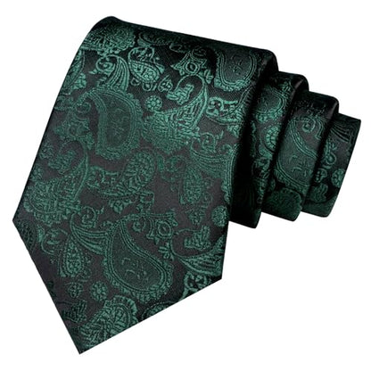 JEMYGINS Mens Solid Color Paisley Necktie and Pocket Square with Tie Clip Sets - color: Dark Green