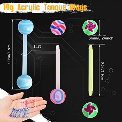 100Pcs 14G Acrylic Tongue Rings, Multi Color Assortment Flexible Tongue Rings Barbells Mix Piercing - style: 50 Pairs-Plastic Bar