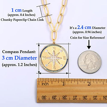 Aobei Pearl 18K Gold Plated Moon Star Lion Evil Eye Love Heart Cross Pendant Necklace Medallion Paperclip Chian Choker Layering Jewery for Women - color: Golden Compass