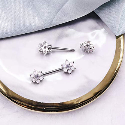14G Opal Flower CZ Nipple Barbell Nipple Ring Piercing Jewelry for Women - color: silver