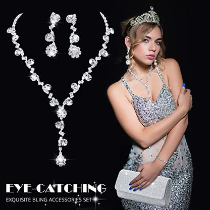 4 Pcs Silver Clutch Purse Jewelry Set for Women Rave Accessories Evening Rhinestone Purse Silver for Bride Wedding - style: Elegant Style