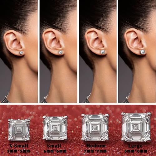Asscher Cut Cubic Zirconia Stud Earrings for Men Women | Square CZ Simulated Diamond Studs, 18K White Gold Plated Sterling Silver - color: White Gold, size: 8MM