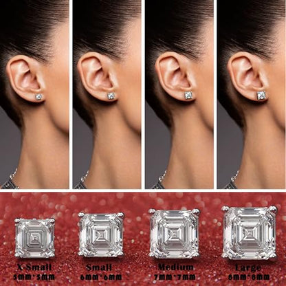 Asscher Cut Cubic Zirconia Stud Earrings for Men Women | Square CZ Simulated Diamond Studs, 18K White Gold Plated Sterling Silver - color: White Gold, size: 8MM