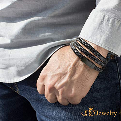 555Jewelry Stainless Steel Braided Double Wrap Leather Twist Rope Chain Cord Adjustable Magnetic Clasp Simple Men Women Unisex Fashion Jewelry Accessory Bangle Bracelet, Black & Black 9 Inch