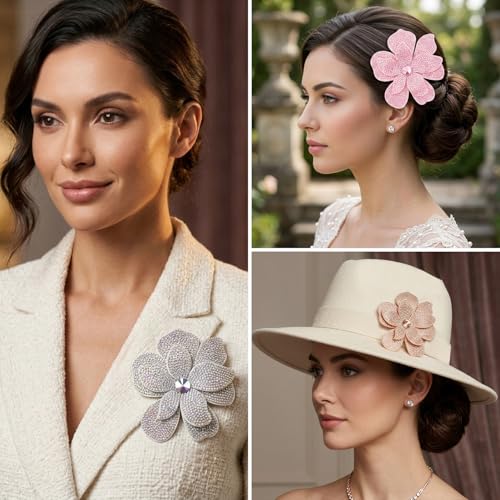 3.74 Inches Rhinestone Camellia Flower Brooch Pins & Hair Clips for Women Elegant Created Crystal Lapel Pin Brooches Wedding Party - color: Multicolor Pack