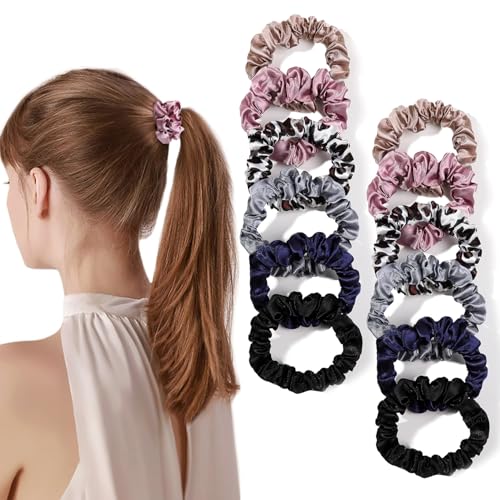 Silk Hair Ties Satin Scrunchies - Small Mini Scrunchy for Women Thick Hair Accessories Cute Soft No Slip Hair Elastics Ponytail Holder for Curly Hair No Damage Hairties Gift for Girls - color: Blue-Mixed